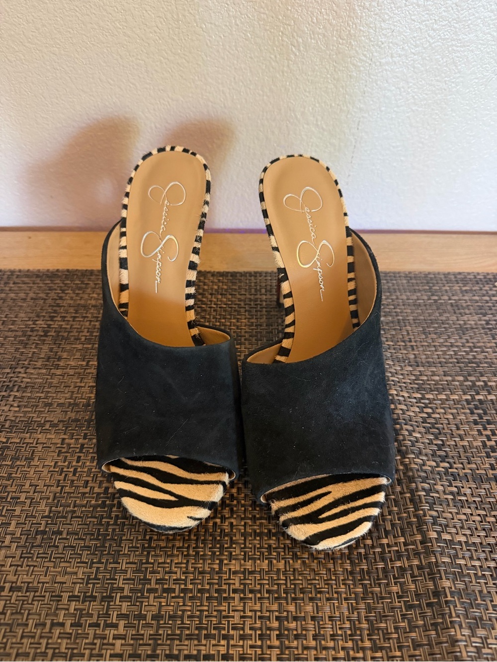 Jessica Simpson Black Suede Mules with Zebra Print